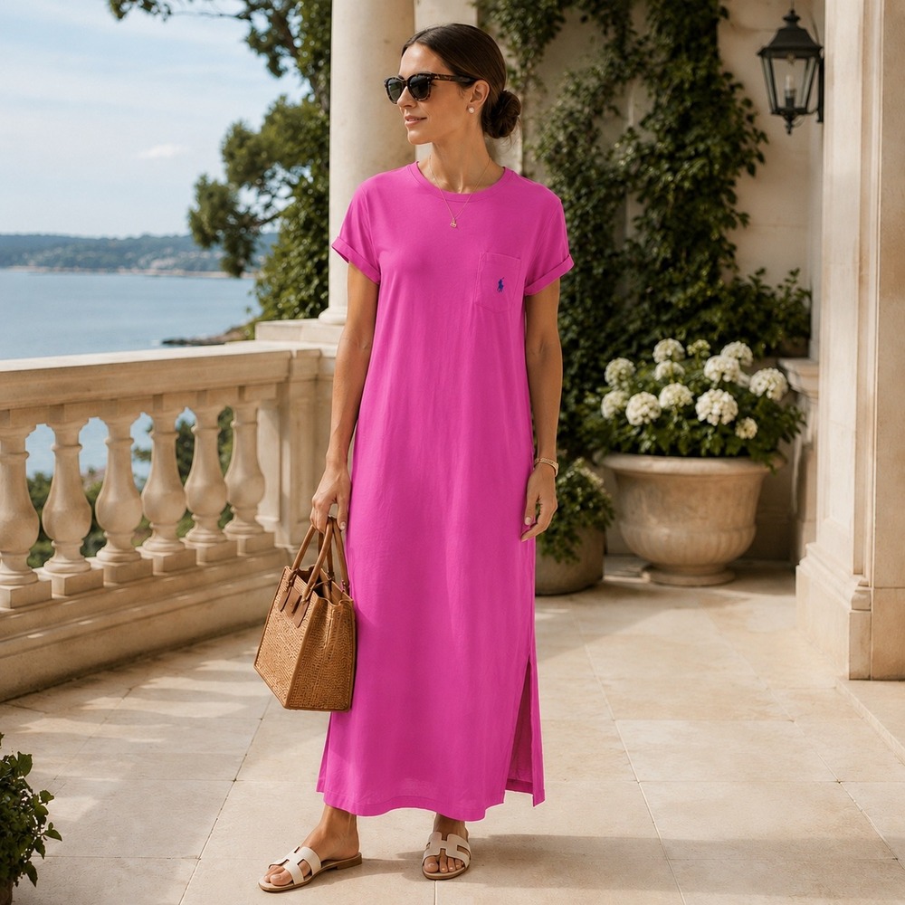 Polo Ralph Lauren Pink Cotton T-Shirt Dress S Short Sleeve Midi Preppy Casual